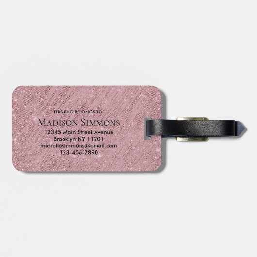 Étiquette À Bagage Rose Monogramme de script Parties scintillant étin (Dos horizontal)