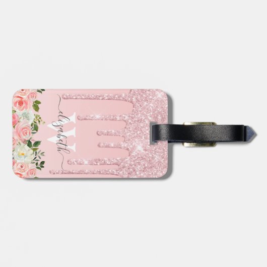 Étiquette À Bagage Rose monogramme Parties scintillant or gouttes ros (Dos horizontal)