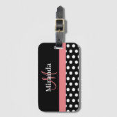 Étiquette À Bagage Rose noir blanc Polka point Monogramme (Devant Vertical)