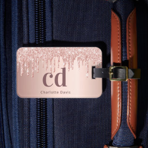 Étiquette À Bagage Rose or gouttes nom monogramme