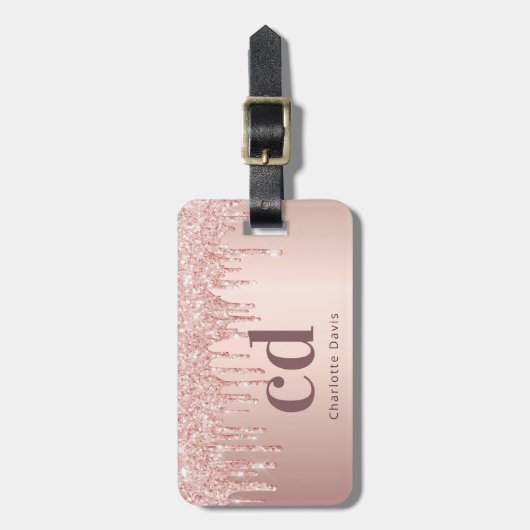 Étiquette À Bagage Rose or gouttes nom monogramme (Devant Vertical)