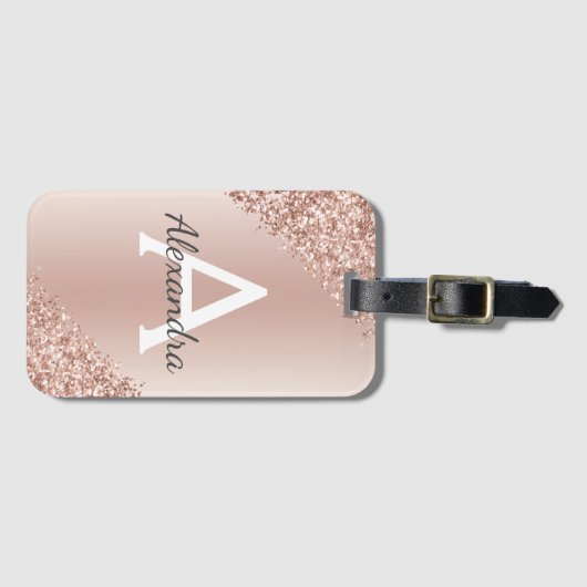 Étiquette À Bagage Rose Rose Or Brossé Script Métal Monogramme mou (Devant Horizontal)