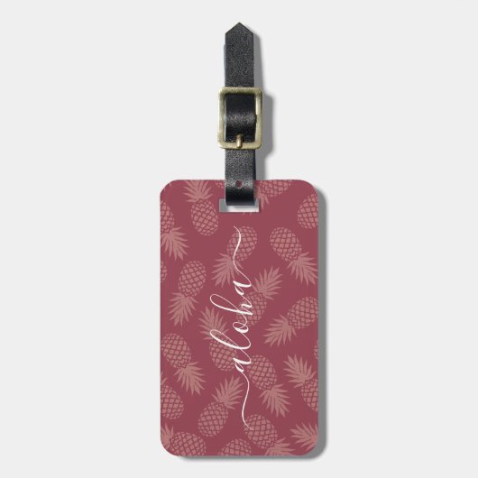 Étiquette À Bagage Rose rose Tropical Ananas Motif Aloha Script (Devant Vertical)
