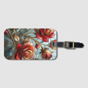 Étiquette À Bagage Rose rouge élégante vitrail floral accent doré