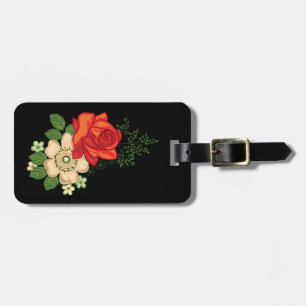 Étiquette À Bagage Rose rouge et pâquerettes Fond noir