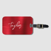 Étiquette À Bagage Rose Rouge Foil Moderne Brush Script Prénom (Devant Horizontal)