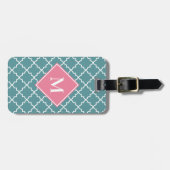 Étiquette À Bagage Rose Turquoise Quatrefoil Motif Custom Monogramme (Devant horizontal)