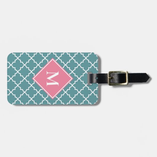 Étiquette À Bagage Rose Turquoise Quatrefoil Motif Custom Monogramme (Devant horizontal)