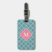 Étiquette À Bagage Rose Turquoise Quatrefoil Motif Custom Monogramme (Devant Vertical)