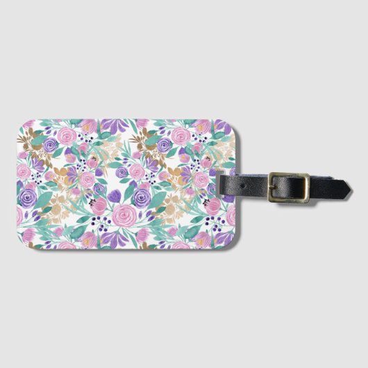 Étiquette À Bagage Rose violet violet or Aquarelle Feuille (Devant Horizontal)