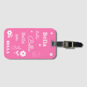Étiquette À Bagage Rosée avec Fleurs blanches, étiquette de valise Cu (Devant Horizontal)