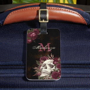 Étiquette À Bagage Roses du crâne Nom du monogramme Bourgogne Grunge 