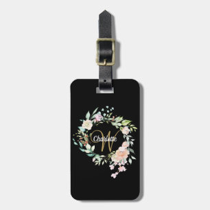 Étiquette À Bagage Roses en guirlande de monogramme en écriture dorée