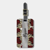 Étiquette À Bagage Roses et crânes rouges Noir Floral Blanc gothique (Devant Vertical)