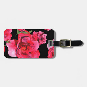 Étiquette À Bagage Roses et verdure rouges d'aquarelle sur le noir