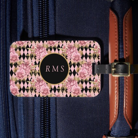 Étiquette À Bagage Roses roses sur le Monogramme arlequin (Insitu Rectoal 4)