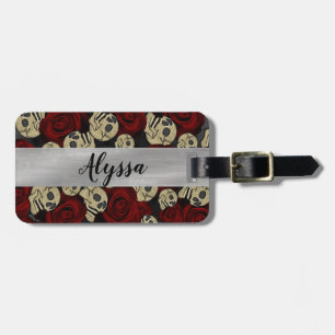 Étiquette À Bagage Roses Rouges & Crânes Floral Gothique Gris Noir