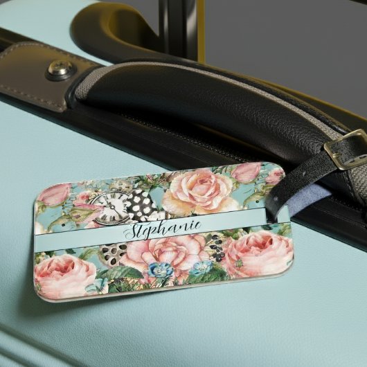Étiquette À Bagage Roses Whimsics Modernes Et Horloges Motif Bleu