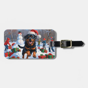 Étiquette À Bagage Rottweiler courant dans la neige avec un chapeau d