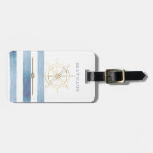 Étiquette À Bagage Roue nautique en or, Bleu Aquarelle (Devant horizontal)