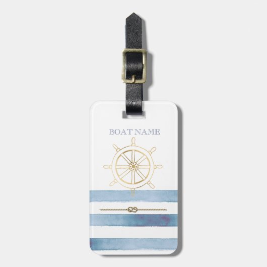 Étiquette À Bagage Roue nautique en or, Bleu Aquarelle (Devant Vertical)