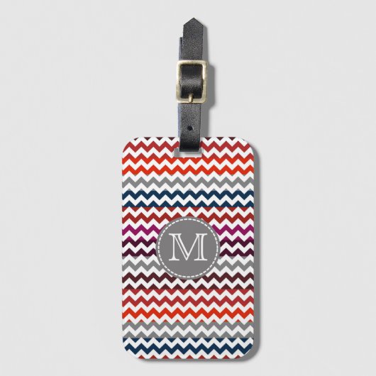 Étiquette À Bagage Rouge blanc gris Chevron Zigzag Monogramme (Devant Vertical)