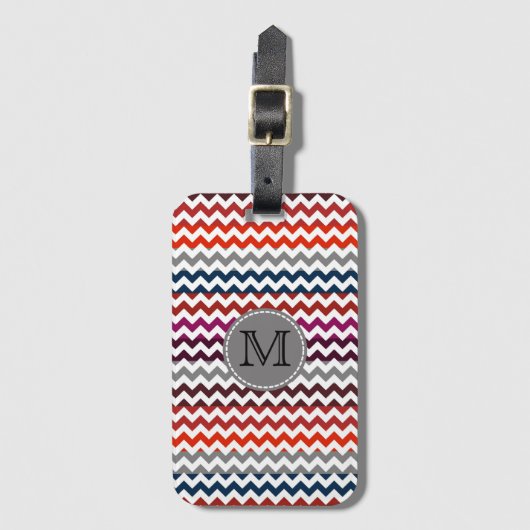 Étiquette À Bagage Rouge blanc gris Chevron Zigzag Monogramme (Devant Vertical)