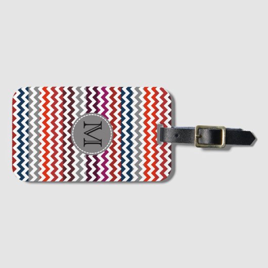 Étiquette À Bagage Rouge blanc gris Chevron Zigzag Monogramme (Devant Horizontal)