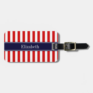 Étiquette À Bagage Rouge Blanc Rayure Bleu Marine Monogramme Nom