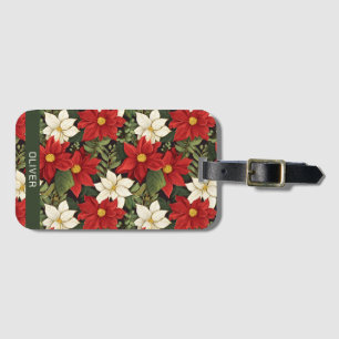 Étiquette À Bagage Rouge Blanc Vert Poinsettia Fleurs Motif