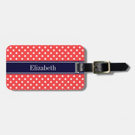 Étiquette À Bagage Rouge Corail, Points Blancs Nom Monogramme Bleu Ma (Devant horizontal)