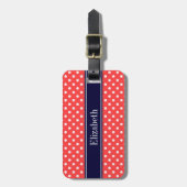 Étiquette À Bagage Rouge Corail, Points Blancs Nom Monogramme Bleu Ma (Devant Vertical)