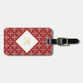 Étiquette À Bagage Rouge de luxe et or Quatre de monogramme floral (Devant horizontal)