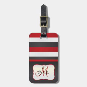 Étiquette À Bagage Rouge du monogramme  , rayures blanches noires