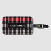 Étiquette À Bagage Rouge Noir Abstrait Plaid Collection moderne (Devant Horizontal)
