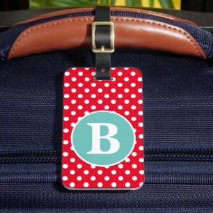 Étiquette À Bagage Rouge vif et blanc à pois avec monogramme sarcelle