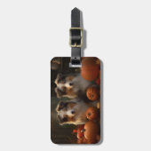 Étiquette À Bagage Rough Collie Puppy Automne Citrouille de plaisir (Devant Vertical)