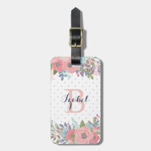 Étiquette À Bagage Rougissez et le bleu fleurit le monogramme de