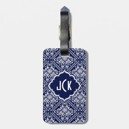 Étiquette À Bagage Royal Blue & White Floral Damask 7 Motif (Dos Vertical)
