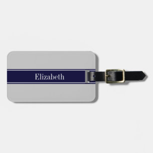 Étiquette À Bagage Ruban Bleu Marine Gris Uni Monogramme Prénom