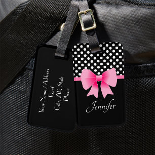 Étiquette À Bagage Ruban rose pois noirs et blancs