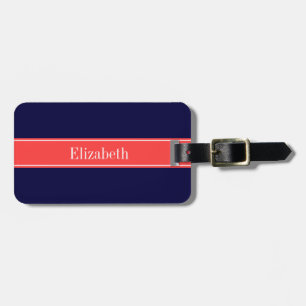 Étiquette À Bagage Ruban Rouge Corail Bleu Marine Uni Monogramme Nom