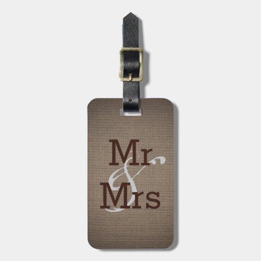 Étiquette À Bagage Rustic Country Burlap Monogram Mariage M. et Mme. (Devant Vertical)