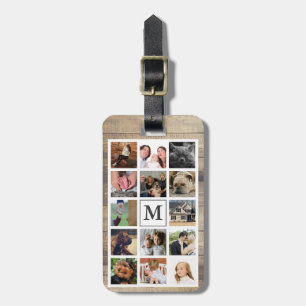 Étiquette À Bagage Rustic Family Photo Collage & Faux Wood Monogram