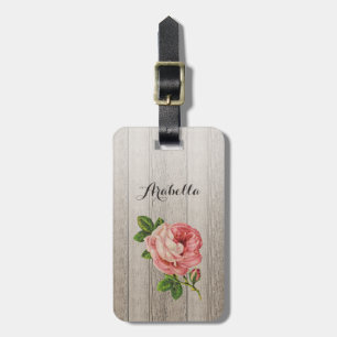 Étiquette À Bagage Rustique Bois Patiné Rose Vintage Avec Nom