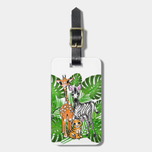 Étiquette À Bagage Safari amis, girafe, zèbre, tigre, palme feuilles