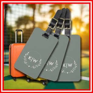 Étiquette À Bagage Sage vert et blanc   Monogramme des initiales mode