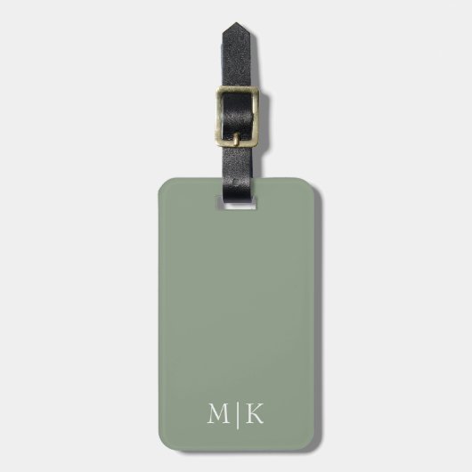 Étiquette À Bagage Sage vert et blanc | Monogramme moderne (Devant Vertical)