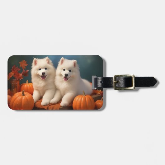 Étiquette À Bagage Samoyed Chiot Automne Citrouille de plaisir (Devant horizontal)
