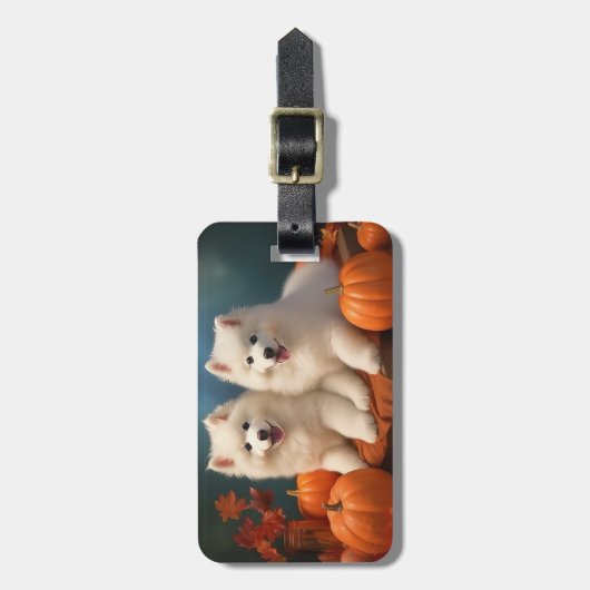 Étiquette À Bagage Samoyed Chiot Automne Citrouille de plaisir (Devant Vertical)